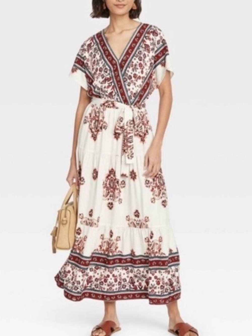 Knox Rose | Cream Maxi Dress with Burgundy Floral Border